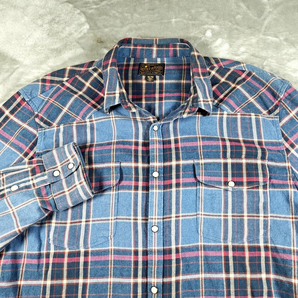 Lucky Brand Shirt Mens XL Plaid Flannel Saturday Stretch Button Up Pearl Snap